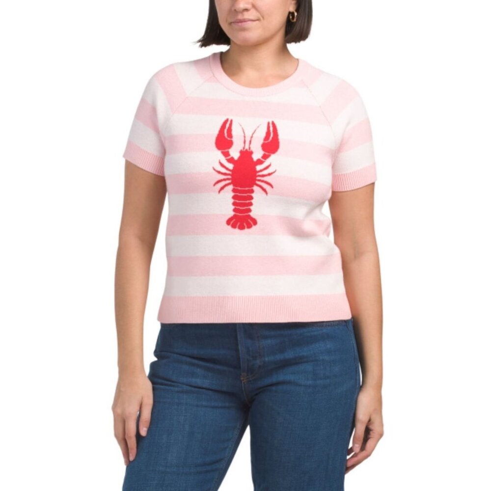 NWT Women's BELLE BY BELLDINI Pink and White Lobster Striped Sweater Size Large